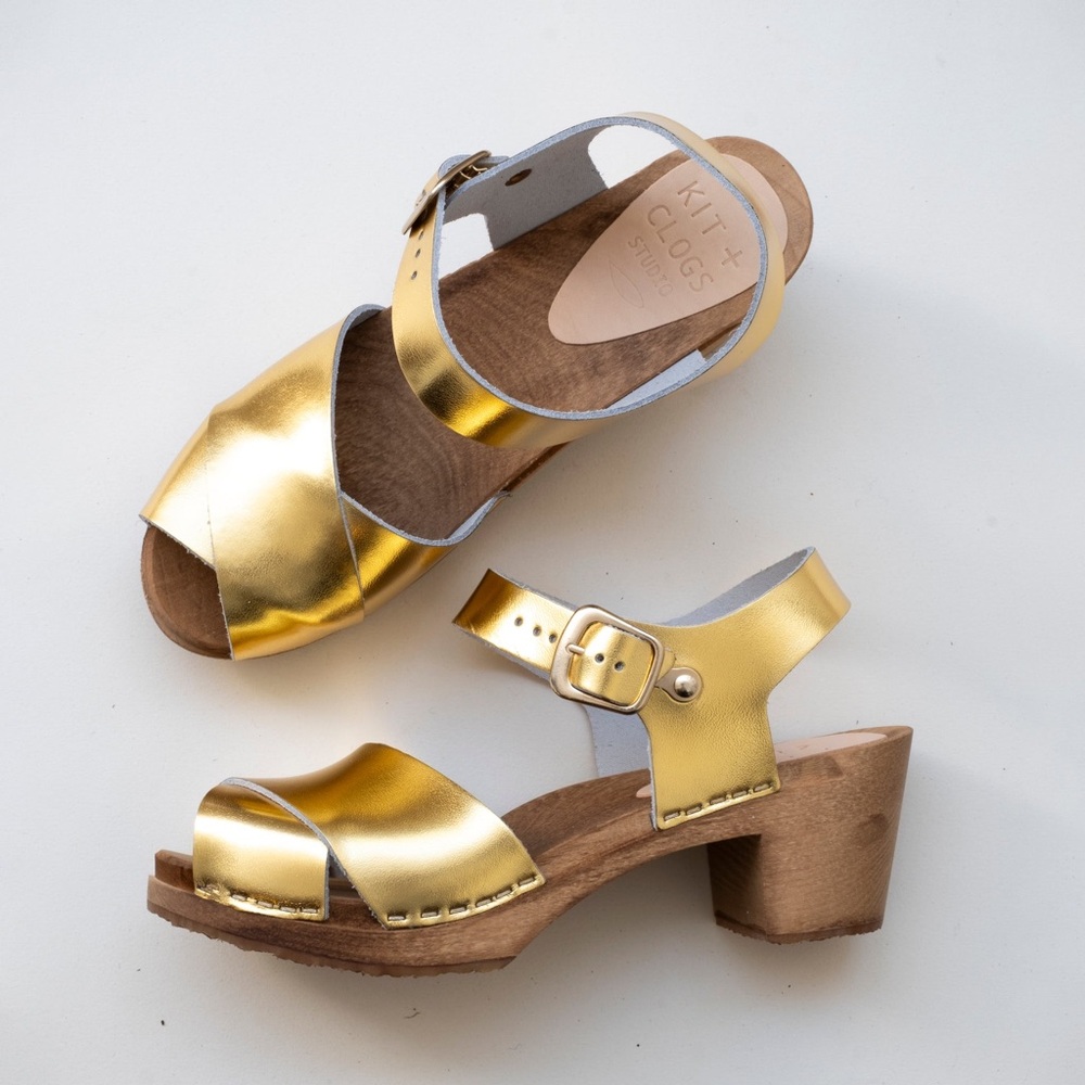 Women's Gold Leather Heeled Sandals
